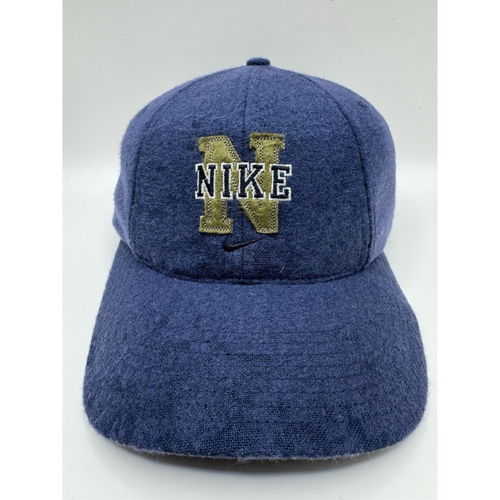 VTG 90s Nike N Logo Wool Strapback Hat Blue Suede Leather Swoosh Cap